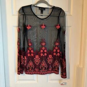 INC International Concepts Black and Red Floral Mesh Embroidered Top Size XS Y2K